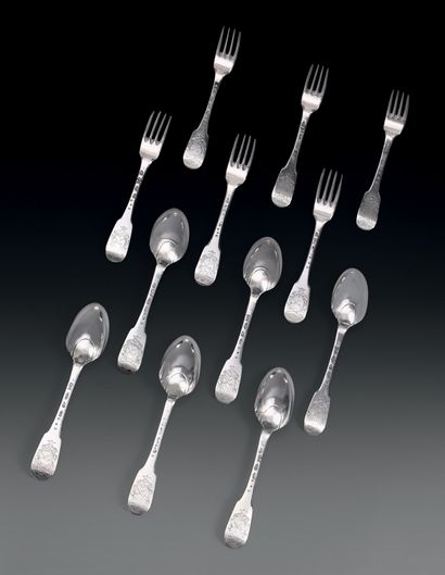 Six silver cutlery, uni-flat model, engraved...