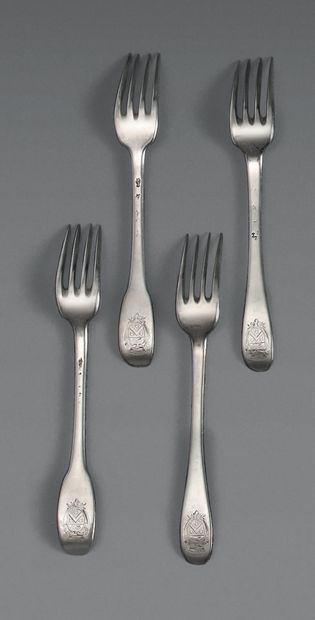 Four silver forks, uni-flat model. Engraved...