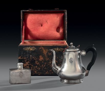 Silver teapot and tea box, in their original...