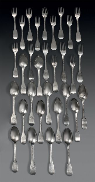 Sixteen silver forks and fifteen spoons,...