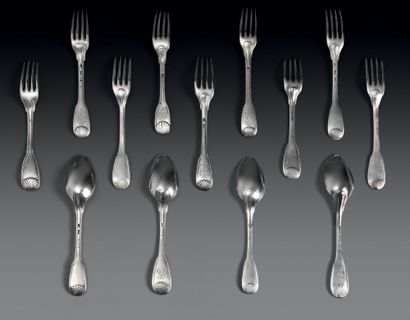 Nine forks and four spoons in silver, filets...