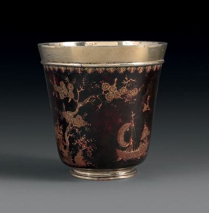 Goblet in vermeil with lacquer decoration,...