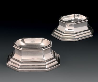 Two octagonal silver saltcellars, the base...