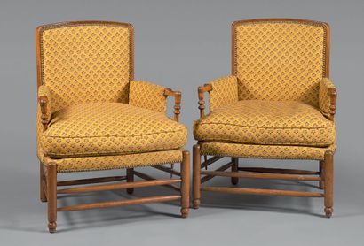 Pair of armchairs in molded natural wood,...