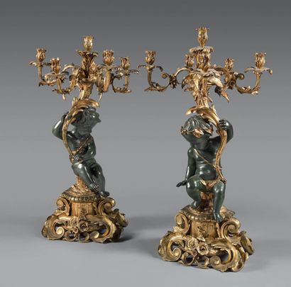 Pair of large candelabras in green patinated...