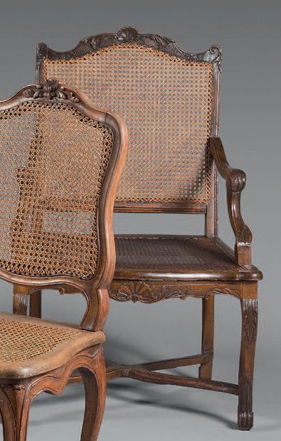 Pair of armchairs in natural wood molded...