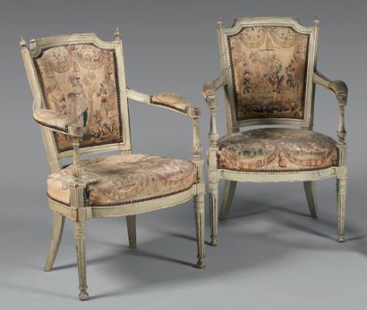 Pair of armchairs in grey-green relacquered...