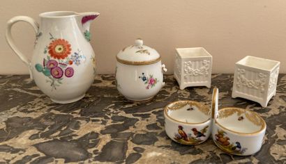 Porcelain lot: small milk jug with polychrome...