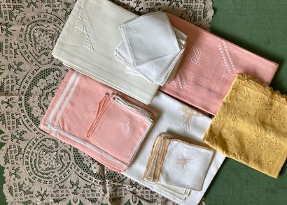 Three embroidered linen tablecloths and their...