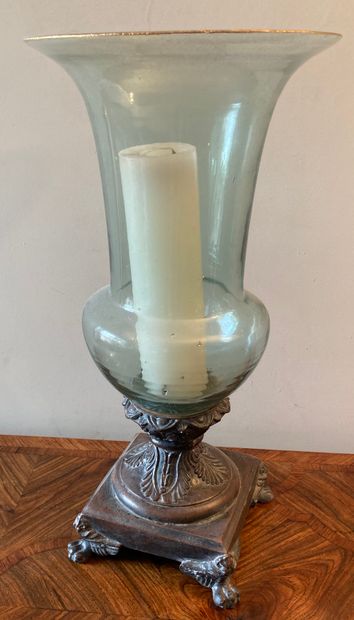 Large tinted glass candle jar, the foot in...