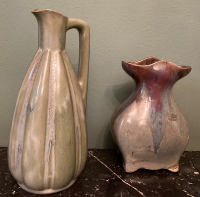 R. LANGLADE: Ceramic pitcher with ribs, shaded...