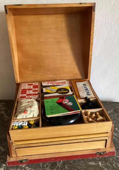 Old wooden game box painted red marbled gold...
