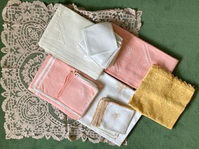 Three embroidered linen tablecloths and their...