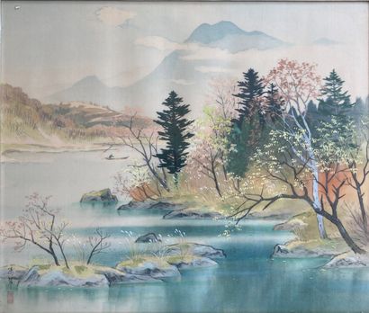 Pair of paintings on fabric representing...