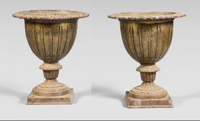 Pair of cast iron garden vases, the neck...