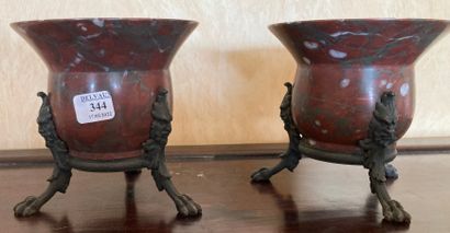 Pair of griotte marble pots, the tripod mounts...