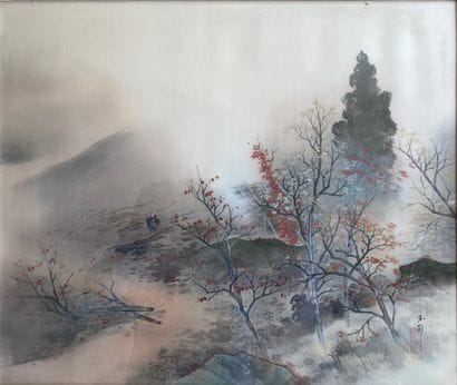 Pair of paintings on fabric representing...