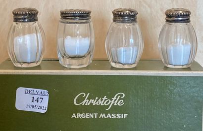 Set of four crystal barrel-shaped saltshakers,...