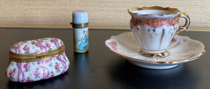 Objects of showcase: porcelain pill box with...
