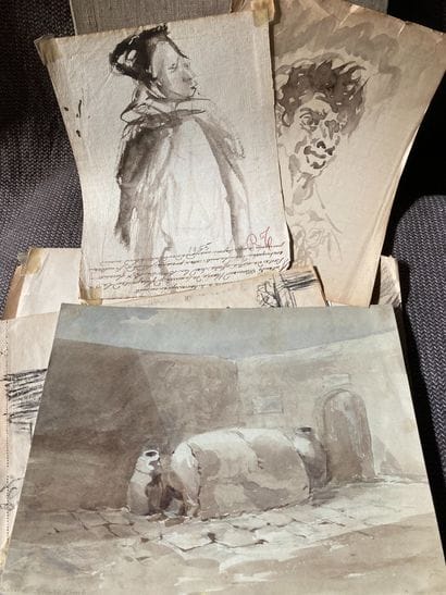Drawing album, canvas covered. Inside charcoal...