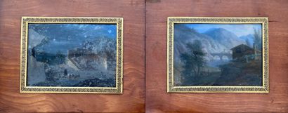Pair of Swiss landscapes in fixed under glass:...