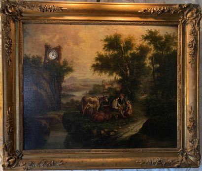Clock painting, oil on canvas about a landscape...