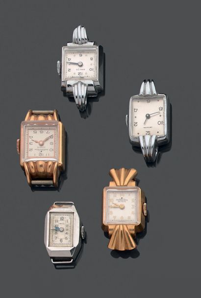 Cinq montres de dame en acier ou métal doré,...