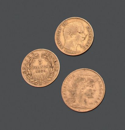 FRANCE. Trois pièces en or jaune. - dix francs,...