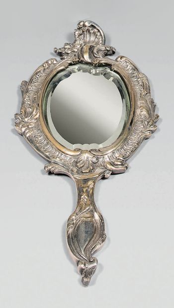 Miroir à main en bronze argenté ciselé de...