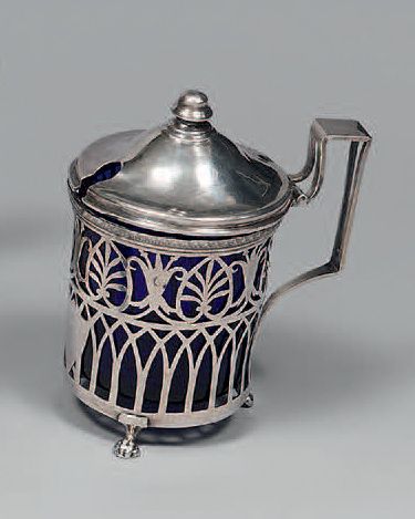 Silver and blue glass mustard pot, standing...