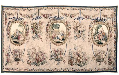 Important tapestry decorated with three pastorals...