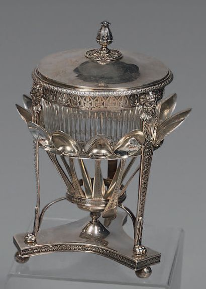 Jam cup in cut crystal of channels, and silver...