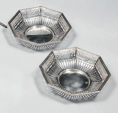 Pair of silver (800) cup holders, octagonal...