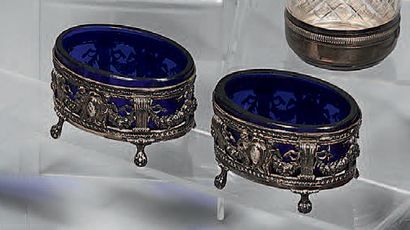 Pair of oval salerons, the mount in silver...