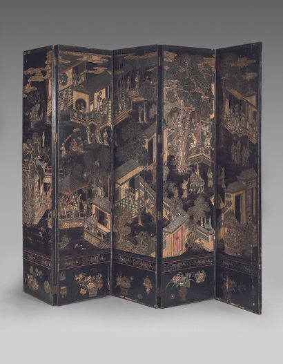 Coromandel lacquer screen with five leaves,...