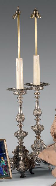Pair of large silver-plated brass candlesticks,...