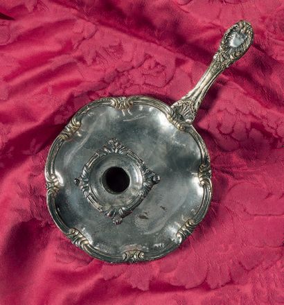 Candlestick with hand in silver plated bronze,...