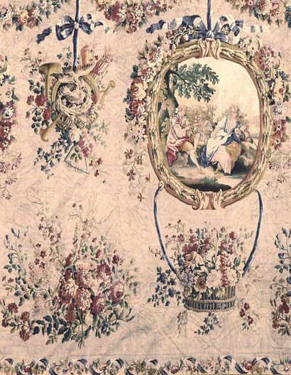 Important tapestry decorated with three pastorals...