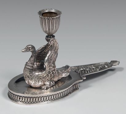 Silver hand candlestick, the oval base with...