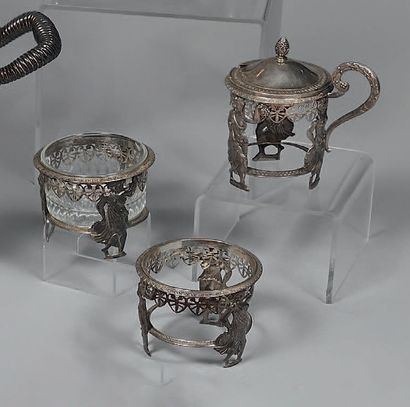 Pair of silver salad bowls and a mustard...