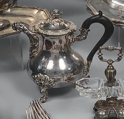Silver baluster-shaped tripod coffee pot...
