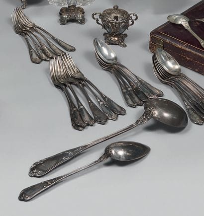Part of a silver cutlery set (950), decorated...