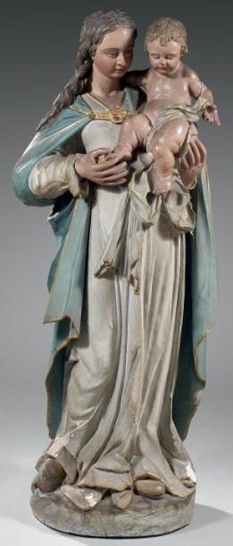 Statue en bois polychrome de La Vierge à...