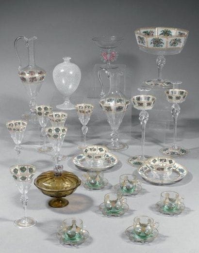 Partie de verrerie à décor émaillé polychrome...