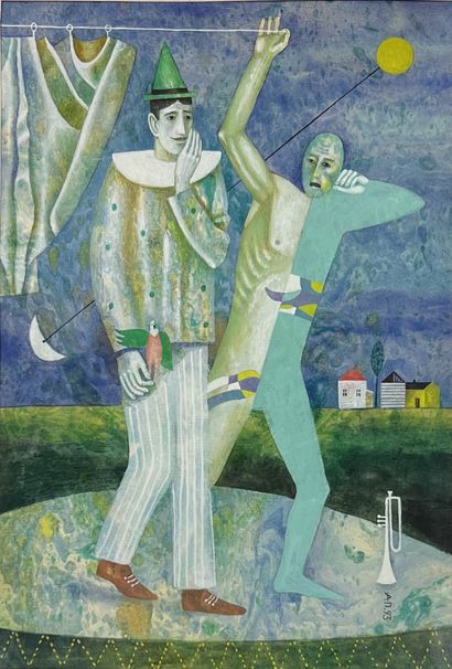 École RUSSE COMTEMPORAINE : CLOWNS. Aquarelle,...