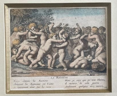 Lot: - color print of a 16th century engraving:...