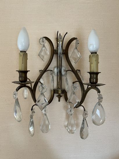 Pair of gilt metal cage sconces with patina,...