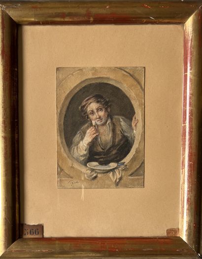 PIGAL (?): THE BARBER. Watercolor, signed...