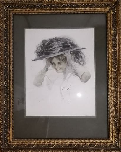 Young woman with a hat. Framed reproduct...