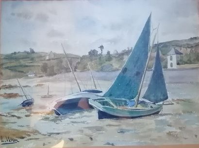 L.VERON (XXth century) : BOATS STRANDED IN...